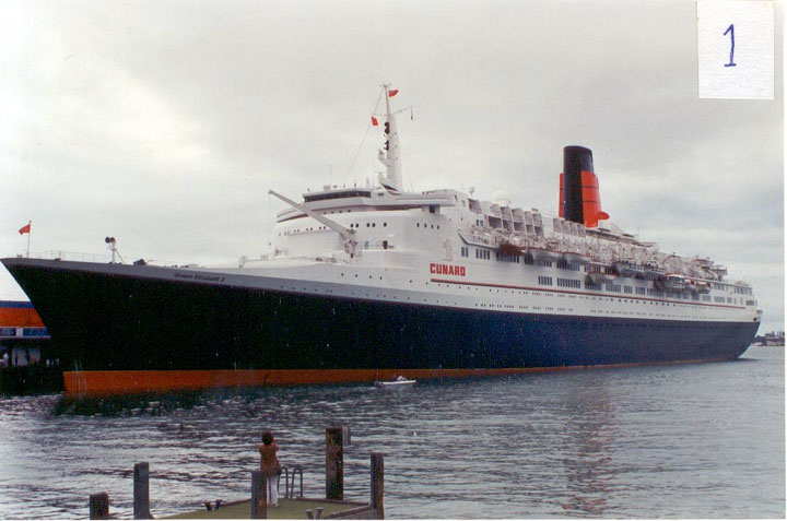 Cunards QE2 tied up at Auckland, New Zealand.